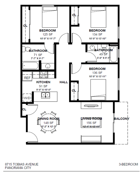 Floor plan for 3 beds, 2 baths